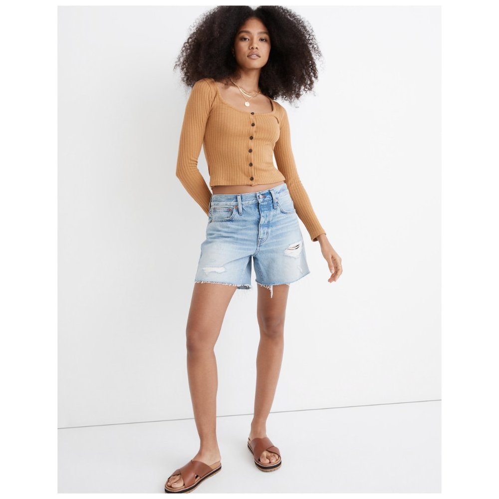 Relaxed Mid-Length Denim Shorts in Steenwick Wash: Ripped Edition